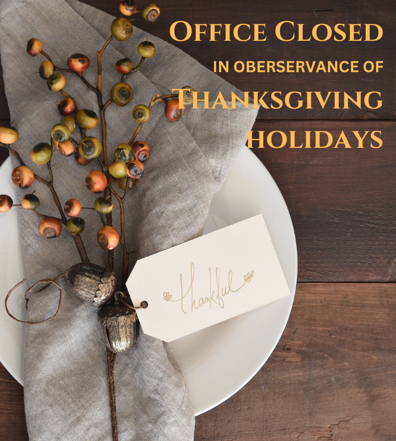 Thanksgiving, office closed, thankful fall decor on white plate